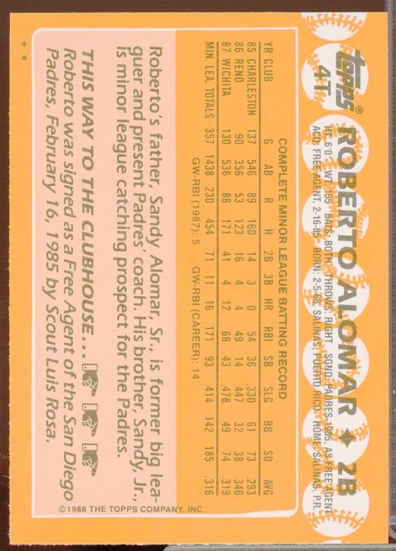Roberto Alomar Rookie Card 1988 Topps Traded #4T  Image 2