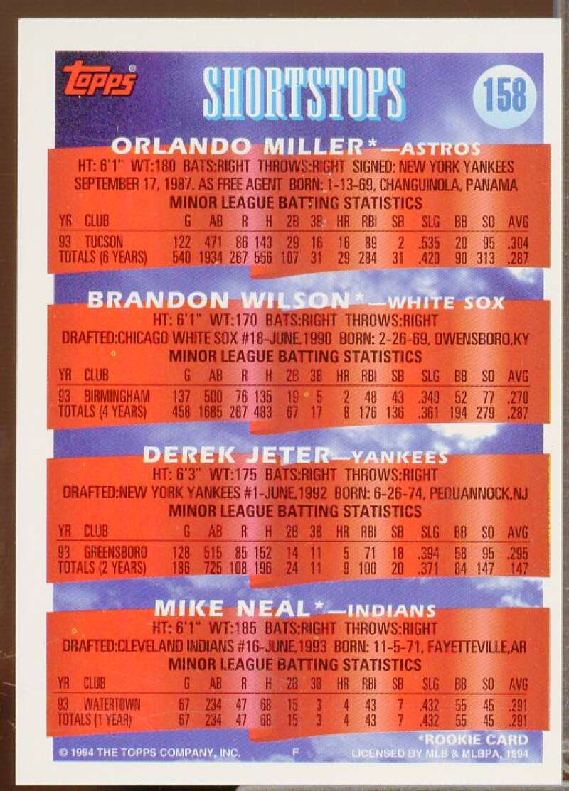 Orlando Miller/Brandon Wilson/Derek Jeter/Mike Neal UER/Jeter 1994 Topps #158  Image 2