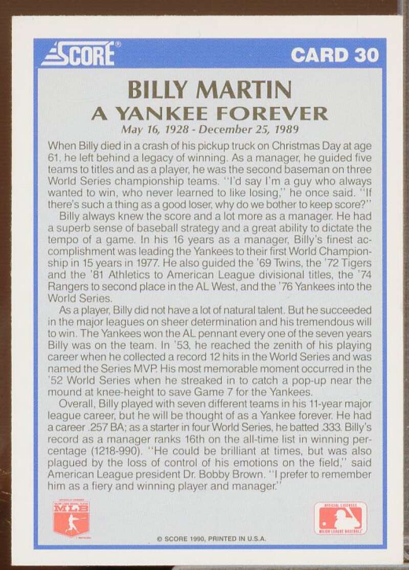 Billy Martin MEM Card 1990 Yankees Score Nat West #30  Image 2
