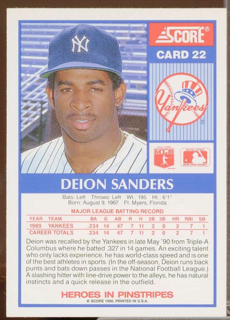 Deion Sanders Card 1990 Yankees Score Nat West #22  Image 2
