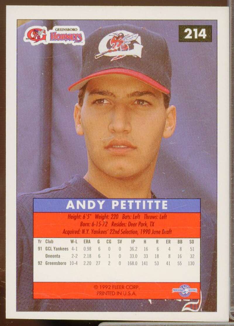 Andy Pettitte Rookie Card 1992-93 Excel #214  Image 2