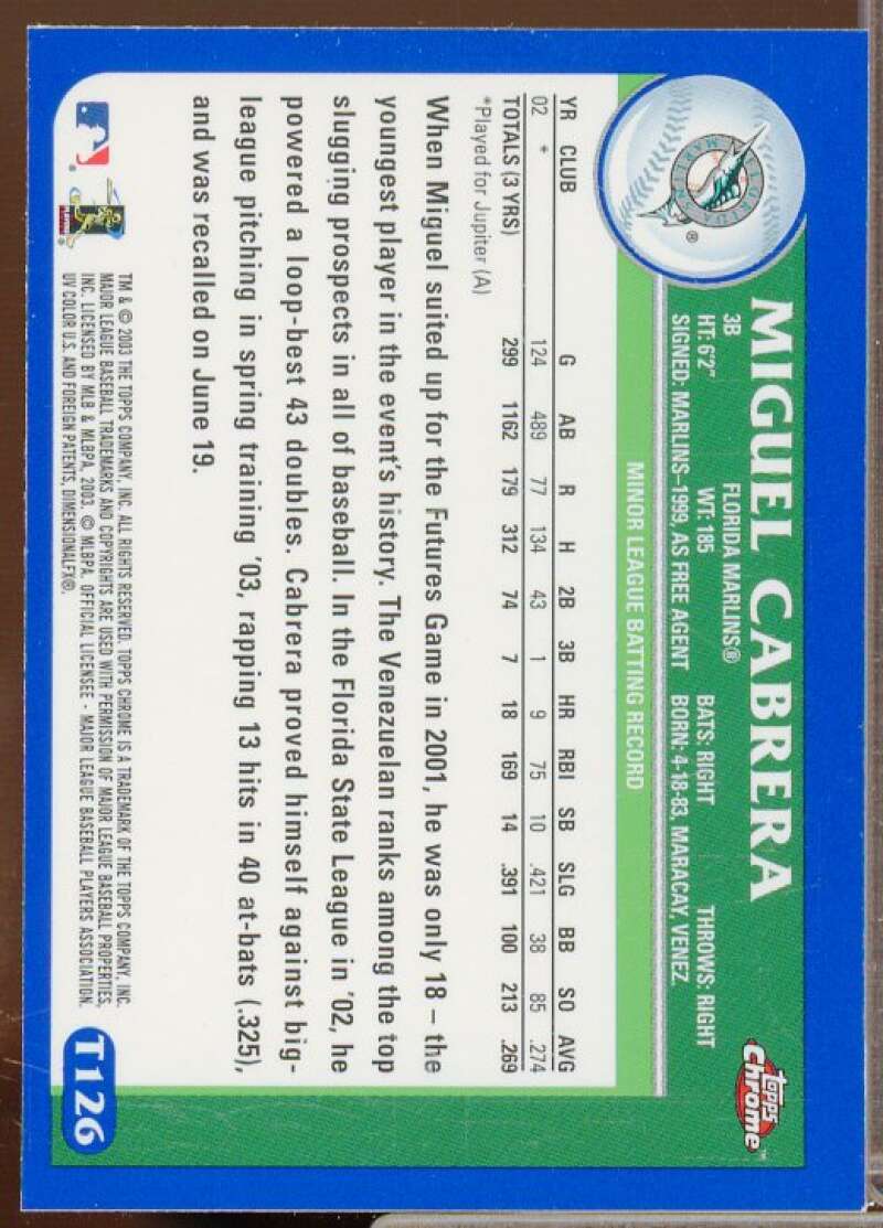 Miguel Cabrera PROS Card 2003 Topps Chrome Traded #T126  Image 2