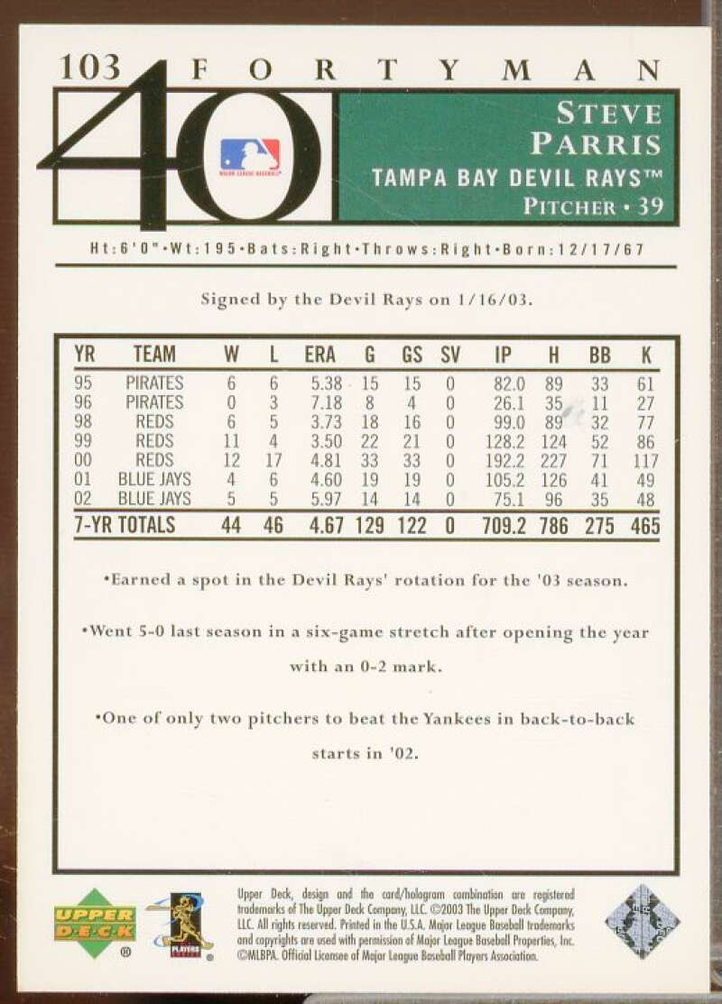 Steve Parris Card 2003 Upper Deck 40-Man Rainbow #103  Image 2