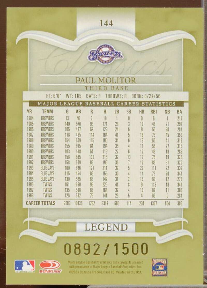 Paul Molitor LGD Card 2003 Donruss Classics #144  Image 2