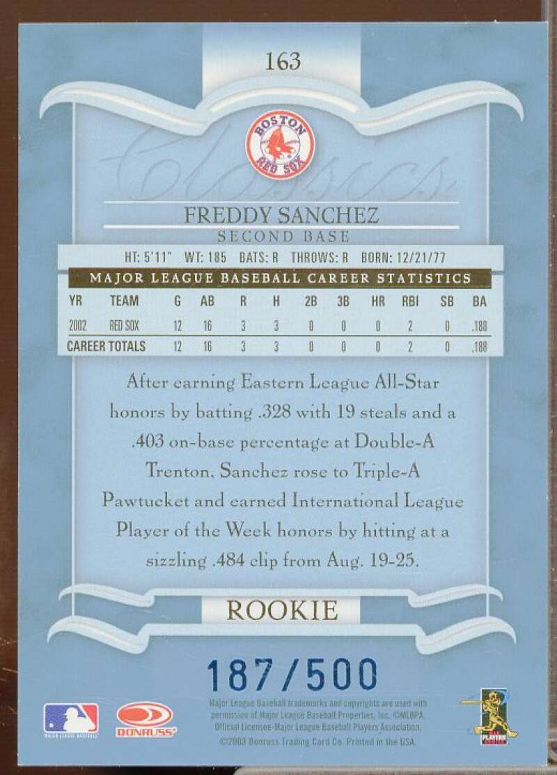 Freddy Sanchez Rookie Card 2003 Donruss Classics Significant Signatures #163  Image 2