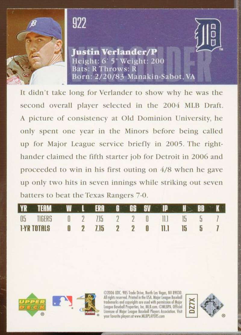 Justin Verlander Rookie Card 2006 Upper Deck #922  Image 2