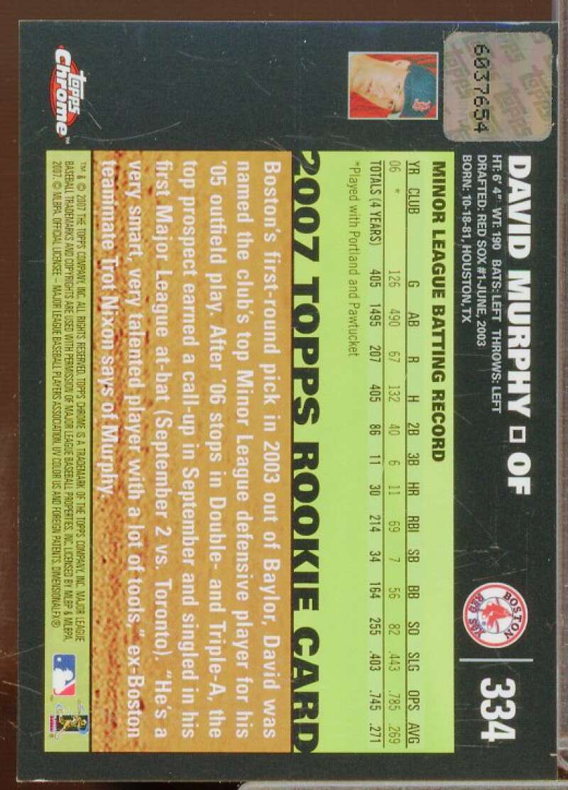 David Murphy AU Rookie Card 2007 Topps Chrome #334  Image 2