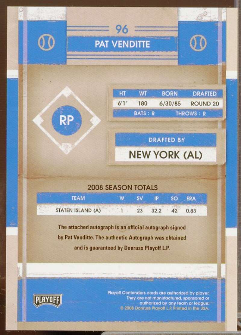 Pat Venditte AU Rookie Card 2008 Playoff Contenders #96  Image 2
