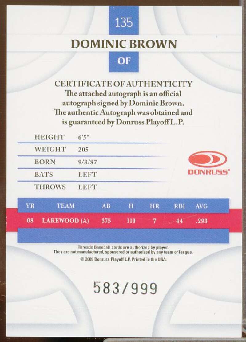 Dominic Brown AU Rookie Card 2008 Donruss Threads #135  Image 2