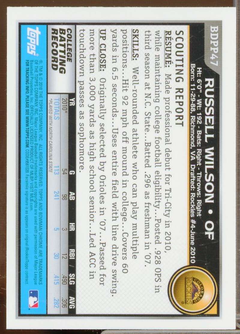 Russell Wilson Baseball Rookie Card 2010 Bowman Chrome Draft Prospects #BDPP47  Image 2