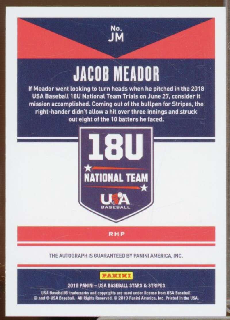 Jacob Meador 2019 USA Baseball Stars and Stripes 18U Signatures Blue Ink #26  Image 2