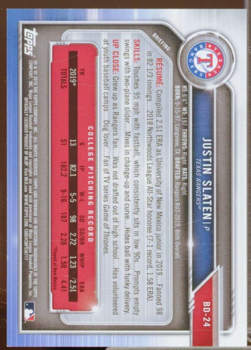 Justin Slaten Rookie Card 2019 Bowman Draft Gold #BD24  Image 2