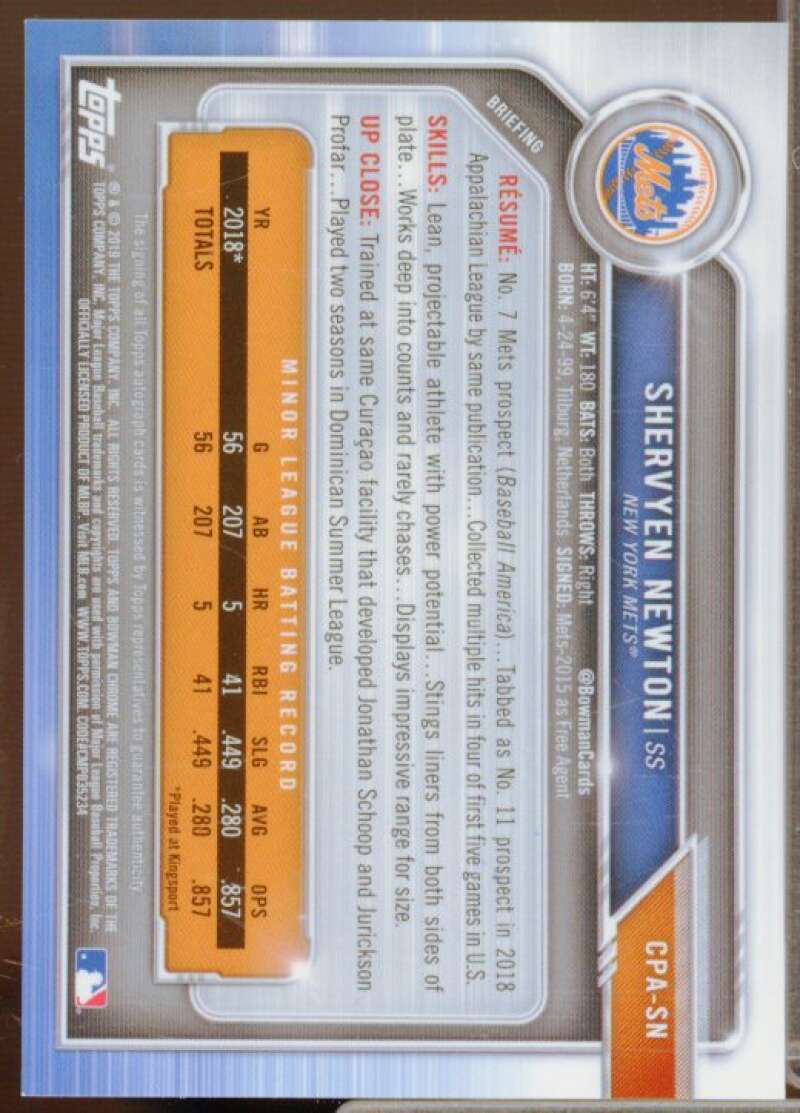 Shervyen Newton Rookie Card 2019 Bowman Chrome Prospect Autographs #CPASN  Image 2