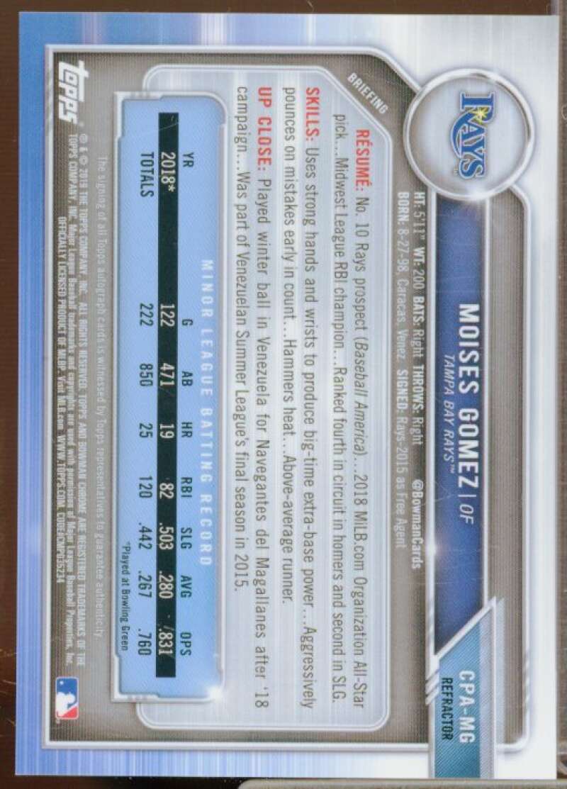 Moises Gomez Rookie 2019 Bowman Chrome Prospect Autographs Refractors #CPAMG  Image 2