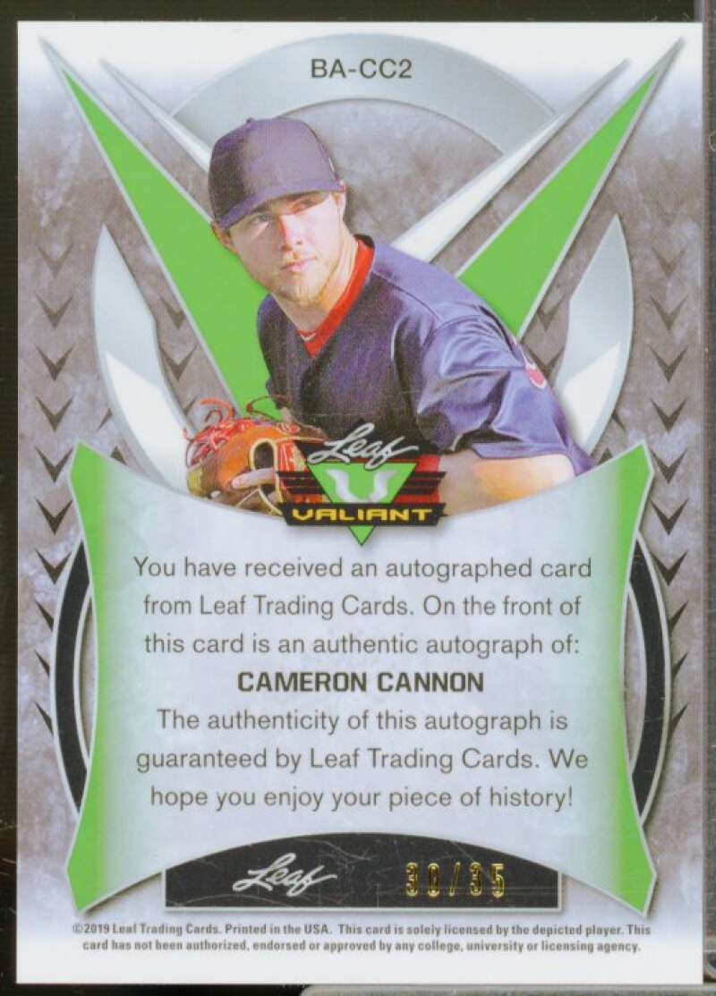 Cameron Cannon Rookie Card 2019 Leaf Valiant Orange Prismatic #BACC2  Image 2