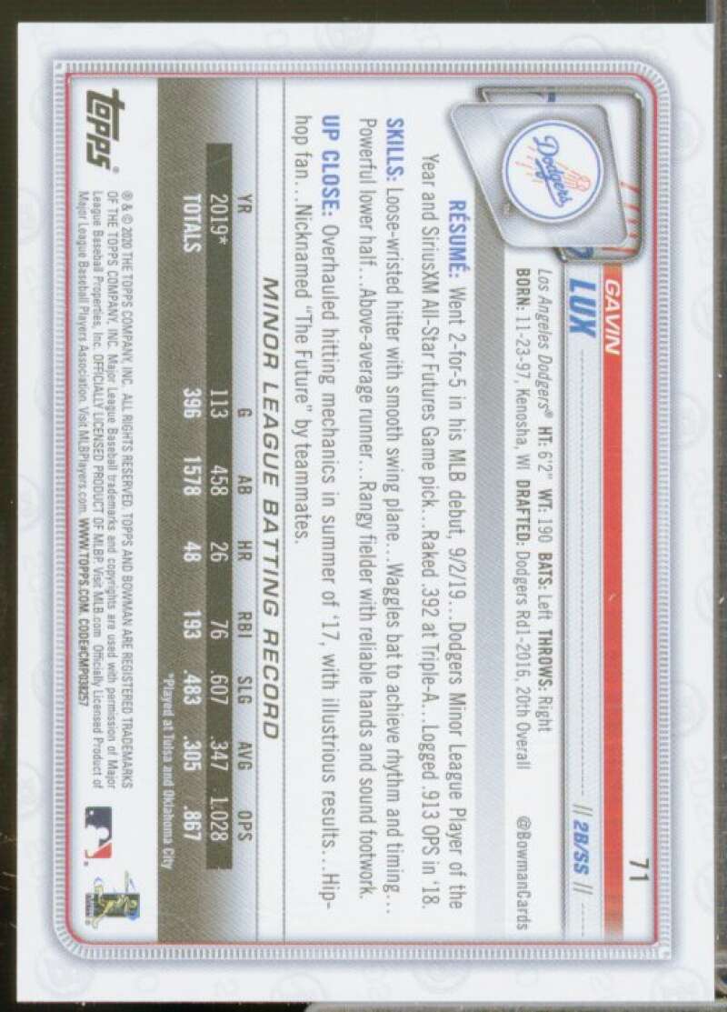 Gavin Lux Rookie Card 2020 Bowman Yellow #71  Image 2