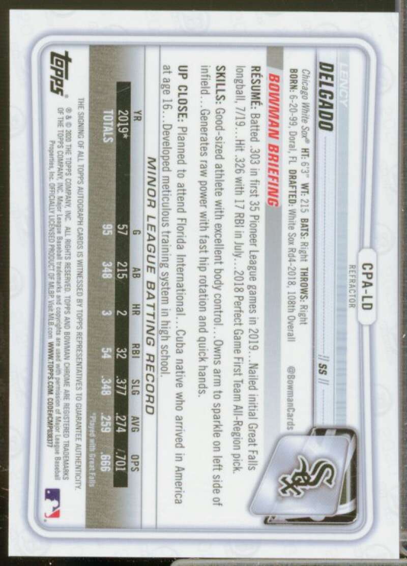 Lency Delgado Rookie 2020 Bowman Chrome Prospect Autographs Refractors #CPALD  Image 2