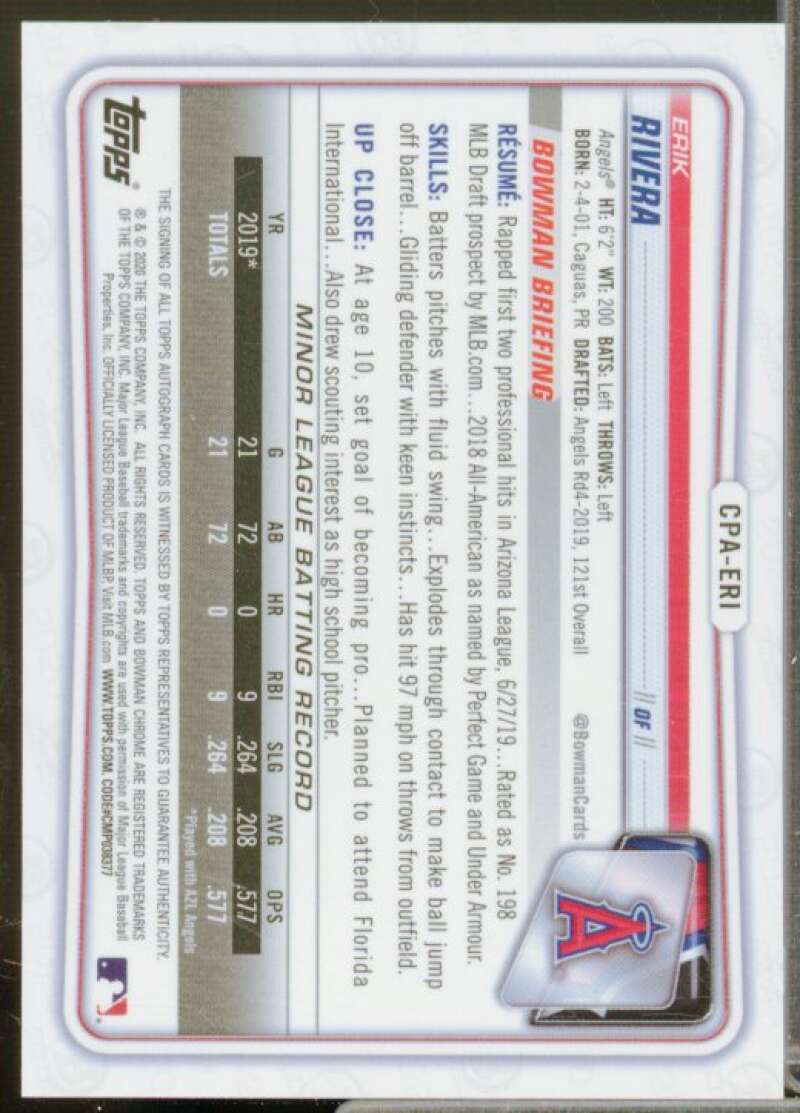 Erik Rivera Card 2020 Bowman Chrome Prospect Autographs #CPAERI  Image 2