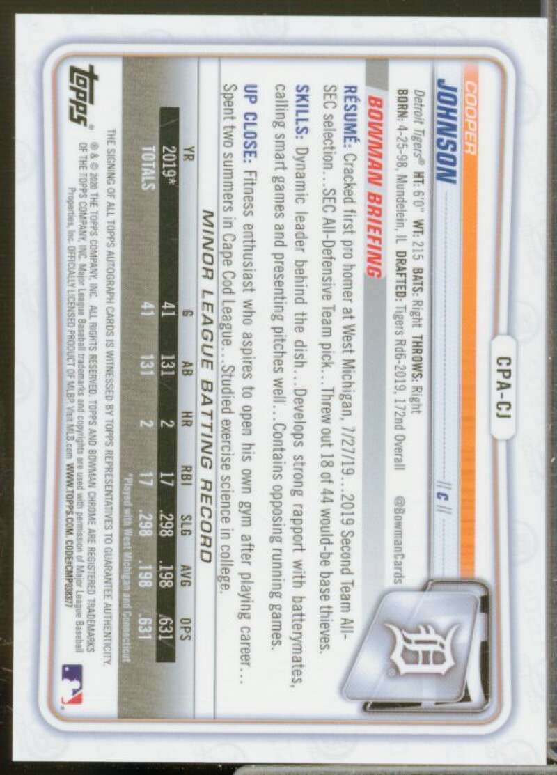 Cooper Johnson 2020 Bowman Chrome Prospect Autographs Atomic Refractors #CPACJ  Image 2