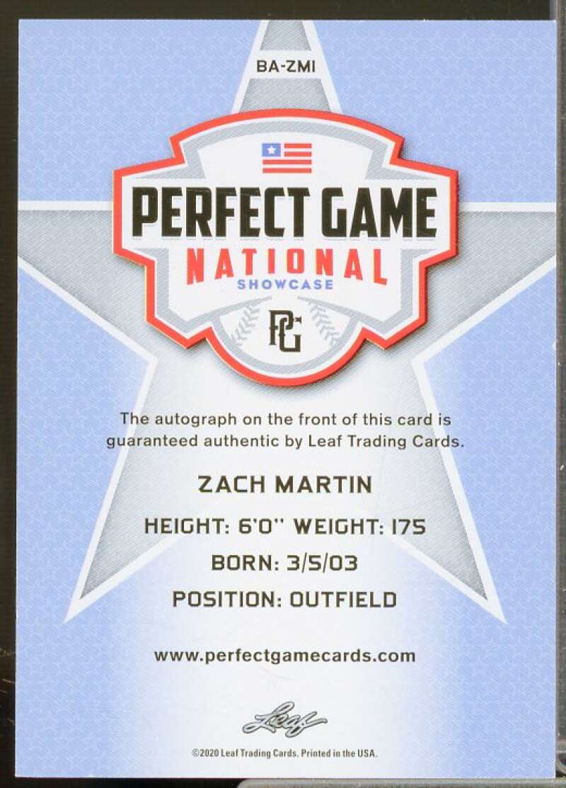 Zach Martin 2020 Leaf Perfect Game National Showcase Autographs Yellow #BAZM1  Image 2