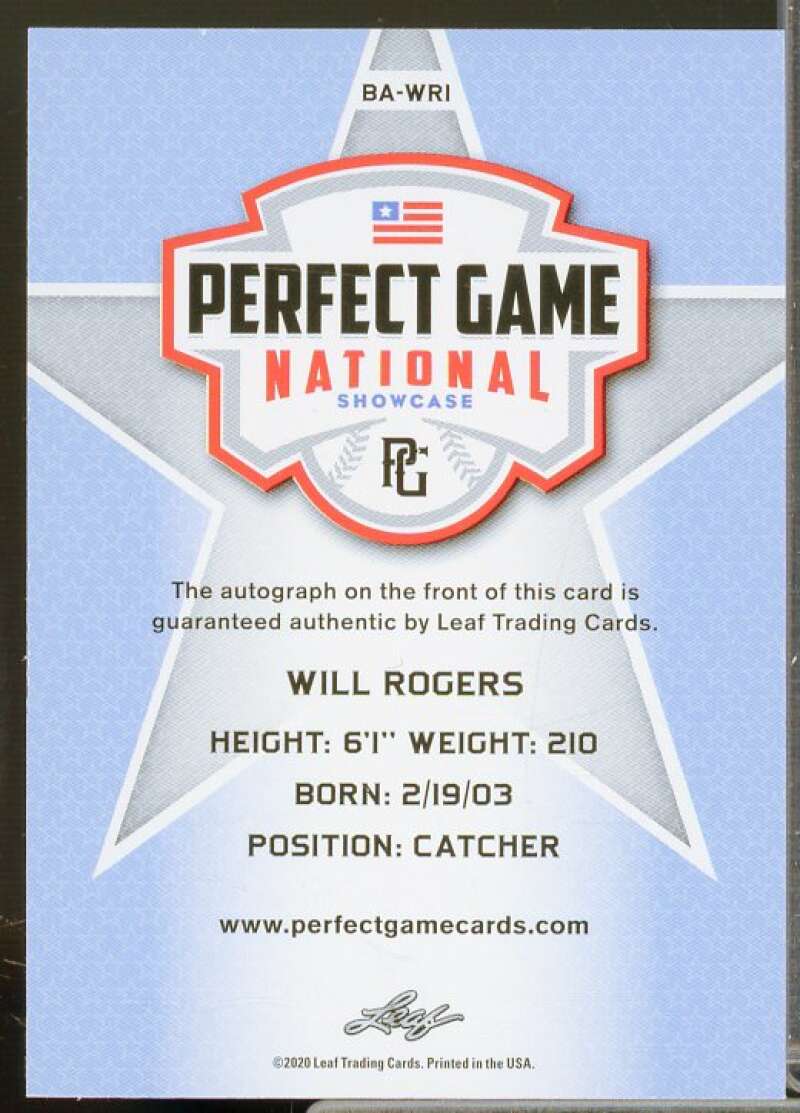 Will Rogers 2020 Leaf Perfect Game National Showcase Autographs Yellow #BAWR1  Image 2