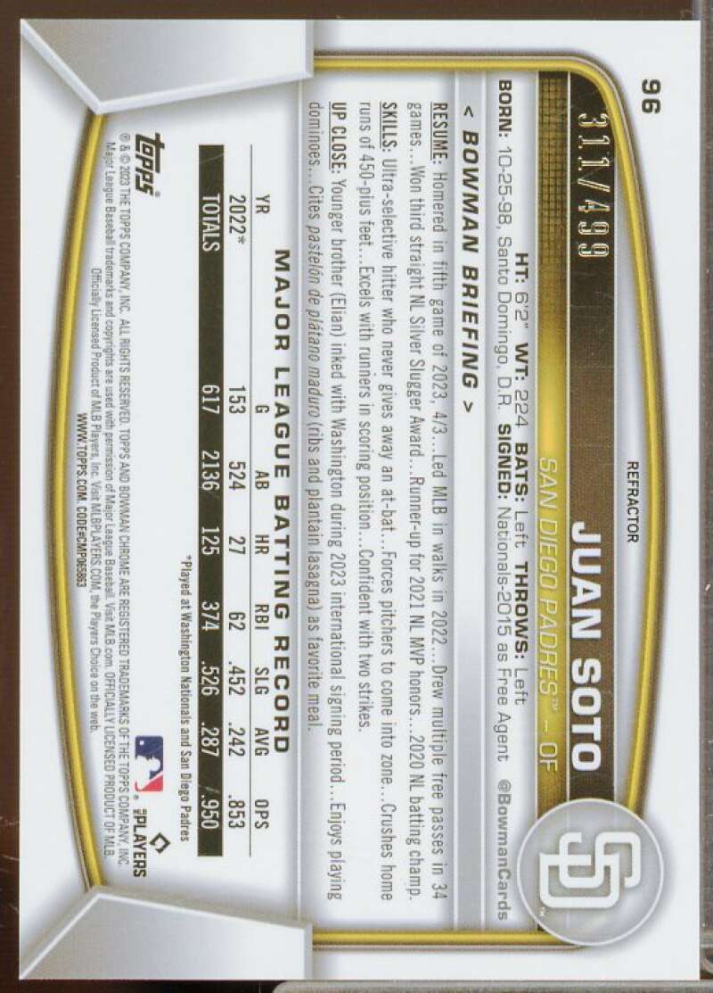 Juan Soto Card 2023 Bowman Chrome Refractors #96  Image 2