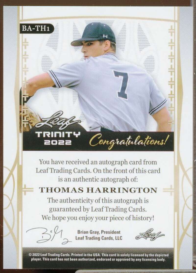 Thomas Harrington Rookie Card 2022 Leaf Trinity Autographs Silver Foil #BATH1  Image 2