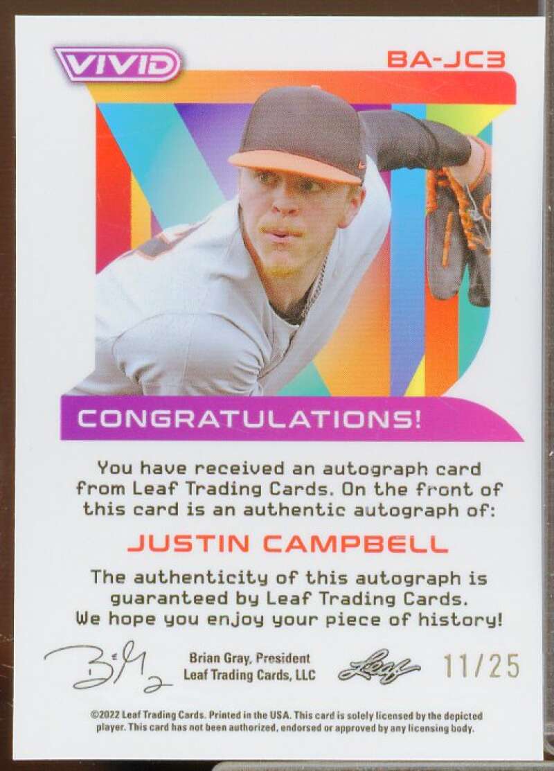 Justin Campbell Rookie Card 2022 Leaf Vivid White #BAJC3  Image 2