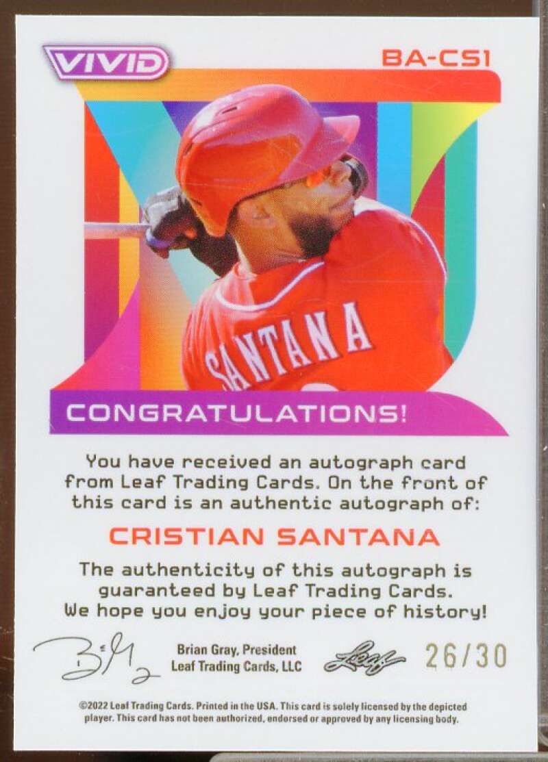 Cristian Santana Rookie Card 2022 Leaf Vivid Navy Blue #BACS1  Image 2