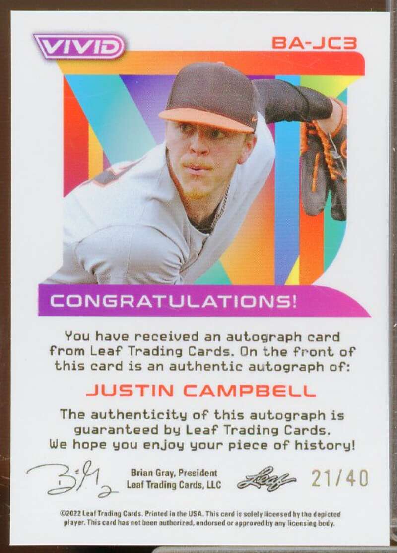 Justin Campbell Rookie Card 2022 Leaf Vivid Gray #BAJC3  Image 2