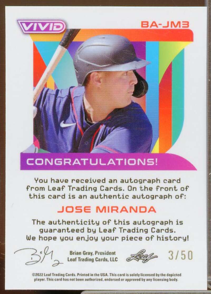 Jose Miranda Rookie Card 2022 Leaf Vivid Yellow #BAJM3  Image 2