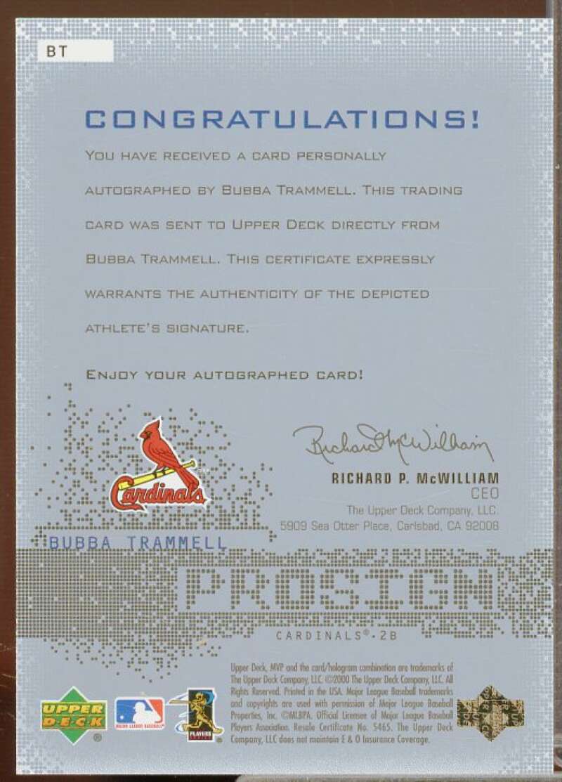 Bubba Trammell Card 2000 Upper Deck MVP ProSign #BT  Image 2