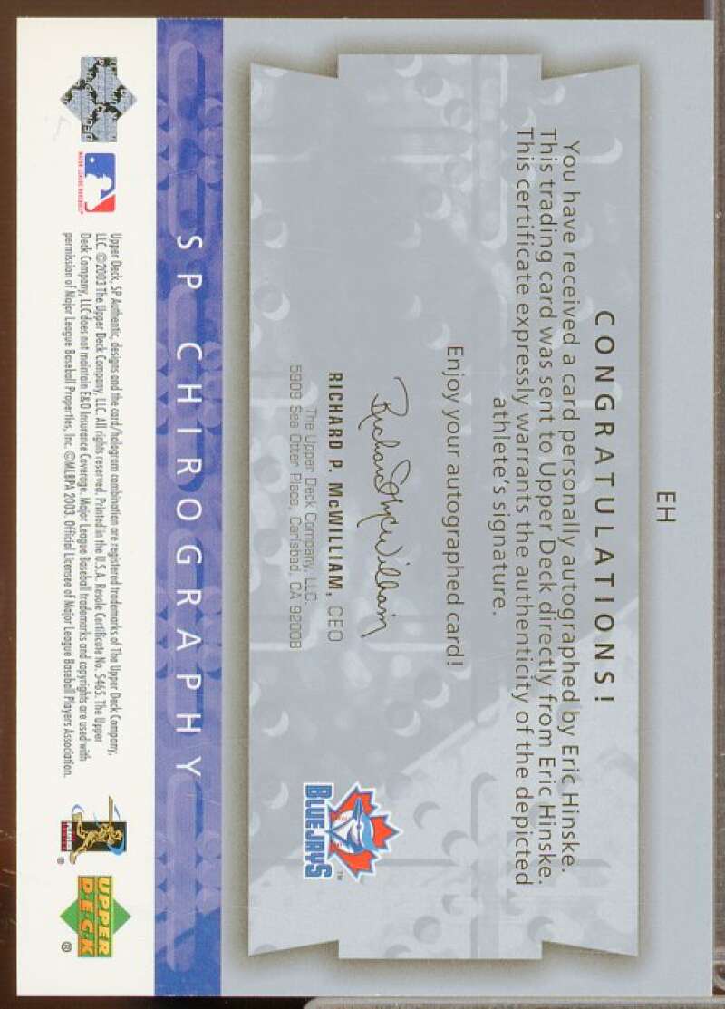 Eric Hinske Rookie Card 2003 SP Authentic Chirography Young Stars Silver #EH  Image 2