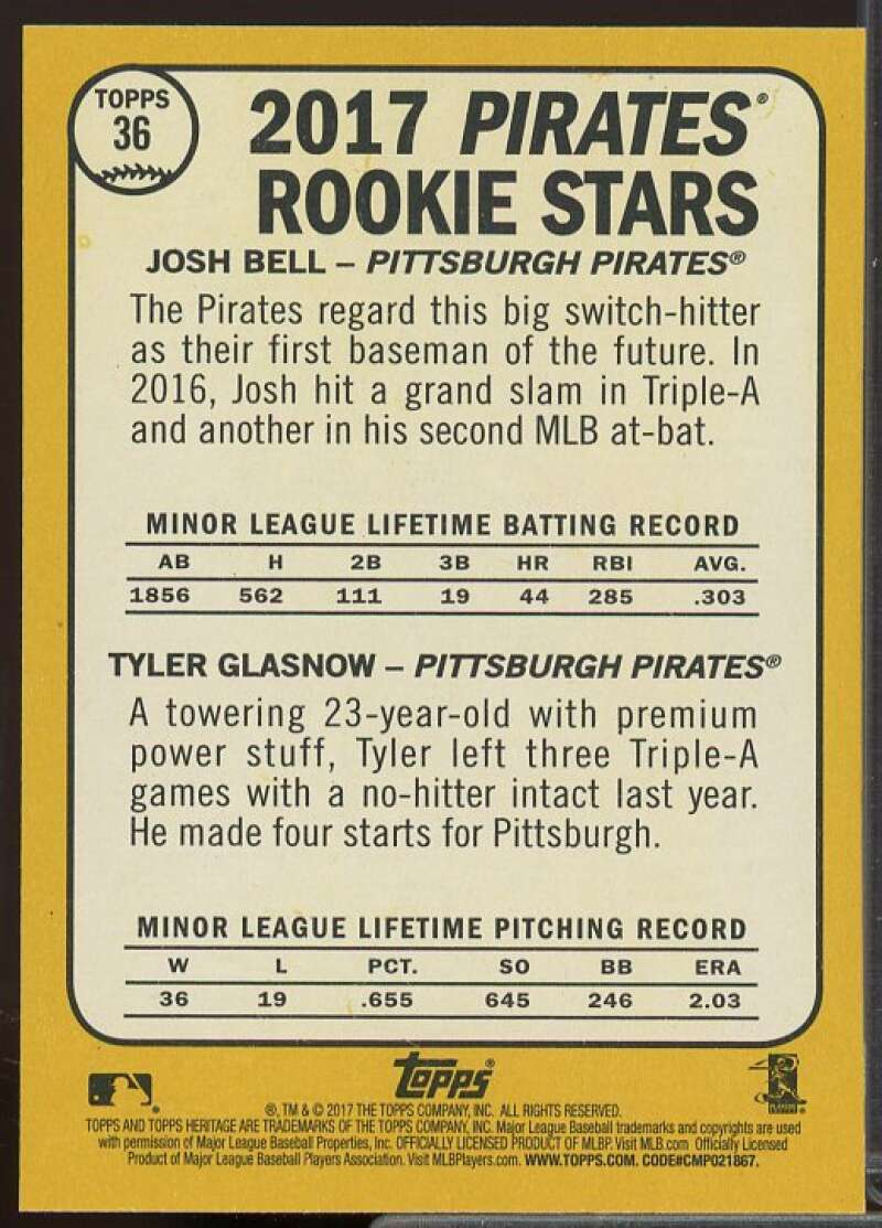 Josh Bell RC/Tyler Glasnow Rookie Card 2017 Topps Heritage #36  Image 2