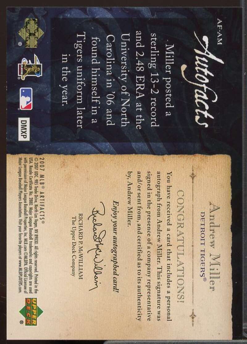 Andrew Miller Rookie Card 2007 Artifacts Autofacts #AM  Image 2