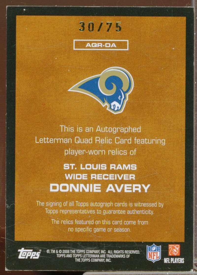 Donnie Avery/75 2008 Topps Letterman Authentic Relics Quad Autographs #AQRDA  Image 2