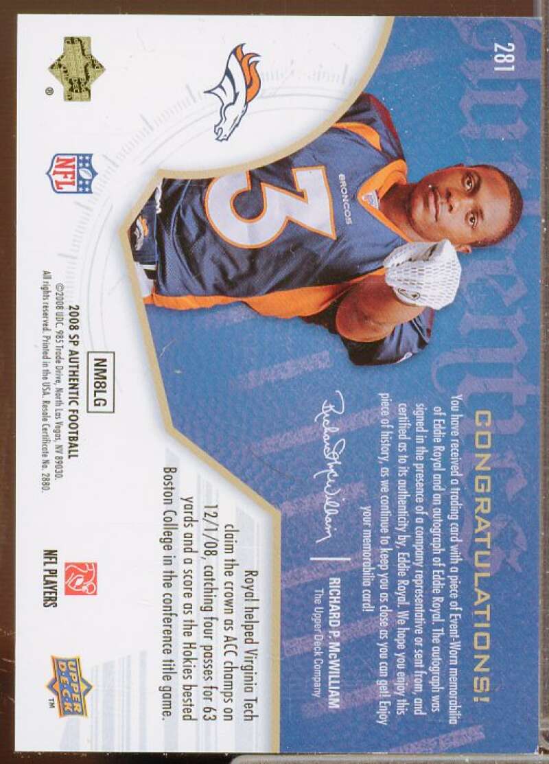 Eddie Royal JSY AU Rookie Card 2008 SP Authentic #281  Image 2