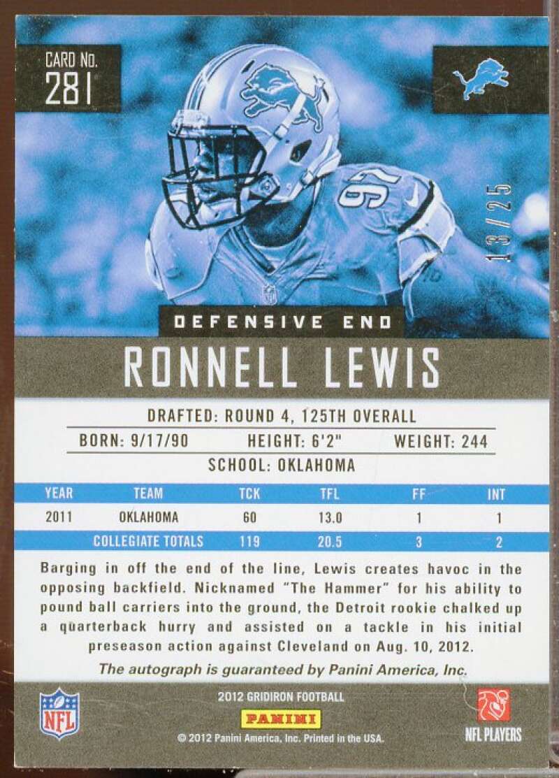 Ronnell Lewis Rookie Card 2012 Gridiron Rookie Autographs O's #281  Image 2