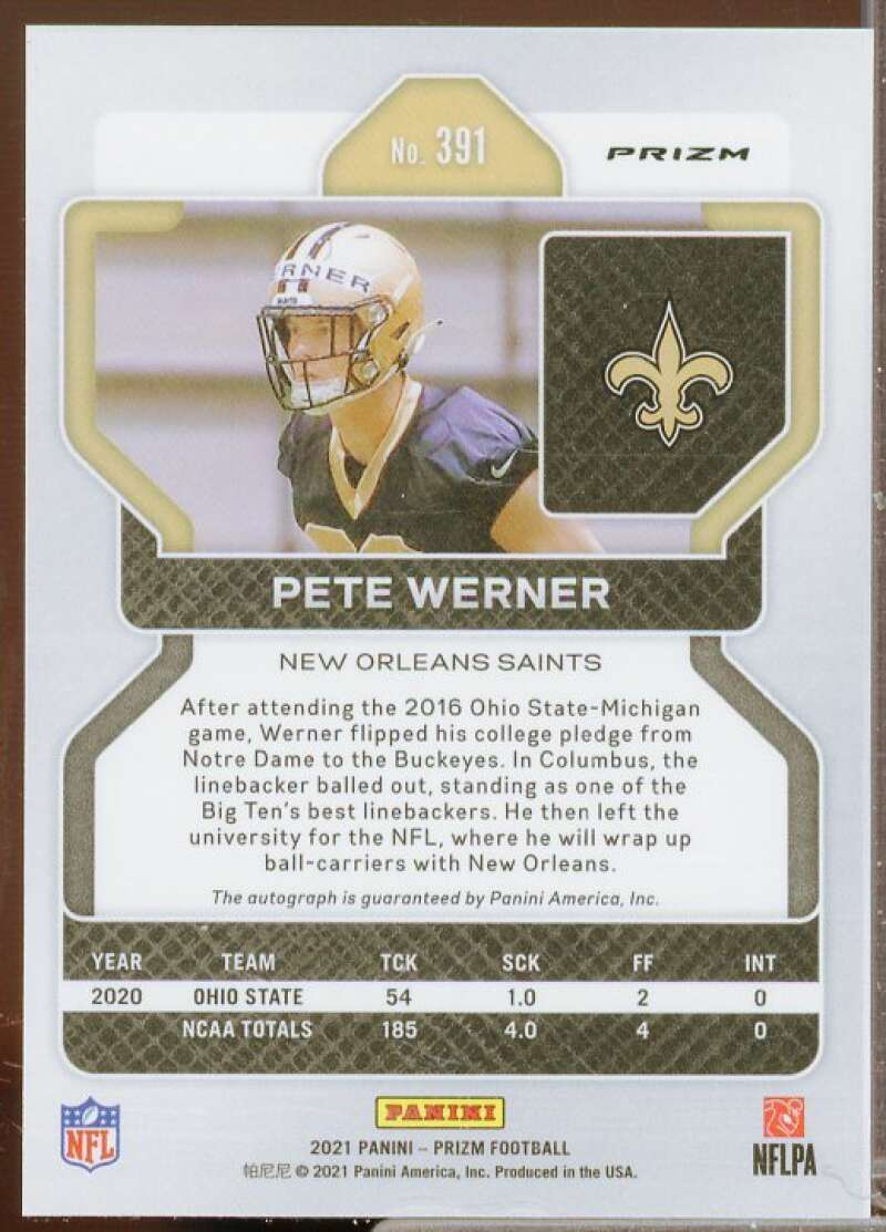 Pete Werner Rookie Card 2021 Panini Prizm Rookie Autographs Prizms Pink #391  Image 2