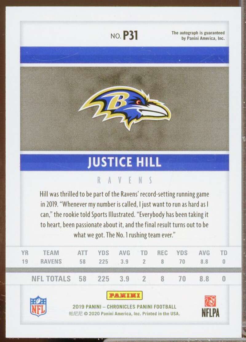 Justice Hill/50 Rookie Card 2019 Panini Signatures Holo Silver #31  Image 2