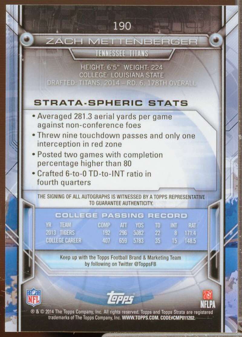 Zach Mettenberger Rookie Card 2014 Topps Strata Autographs Sapphire #190  Image 2