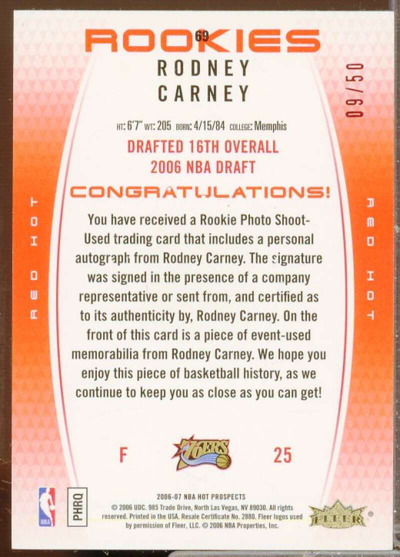 Rodney Carney JSY AU Rookie Card 2006-07 Fleer Hot Prospects Red Hot #69  Image 2