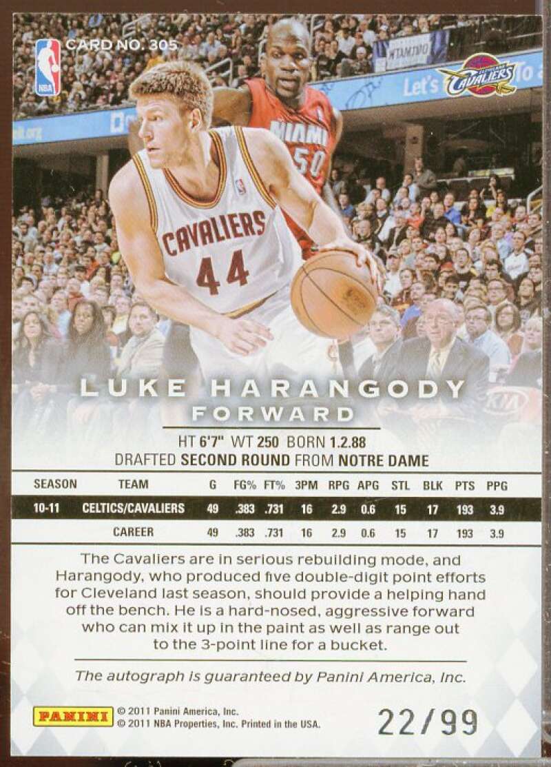 Luke Harangody PS/99 AU Rookie Card 2011-12 Panini Preferred #305  Image 2