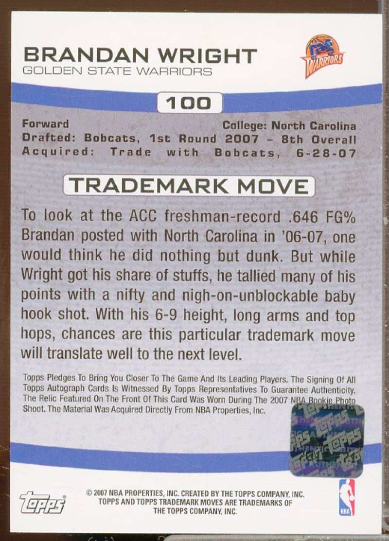 Brandan Wright/79 Rookie 2007-08 Topps Trademark Moves Rookie Relic Ink #100  Image 2