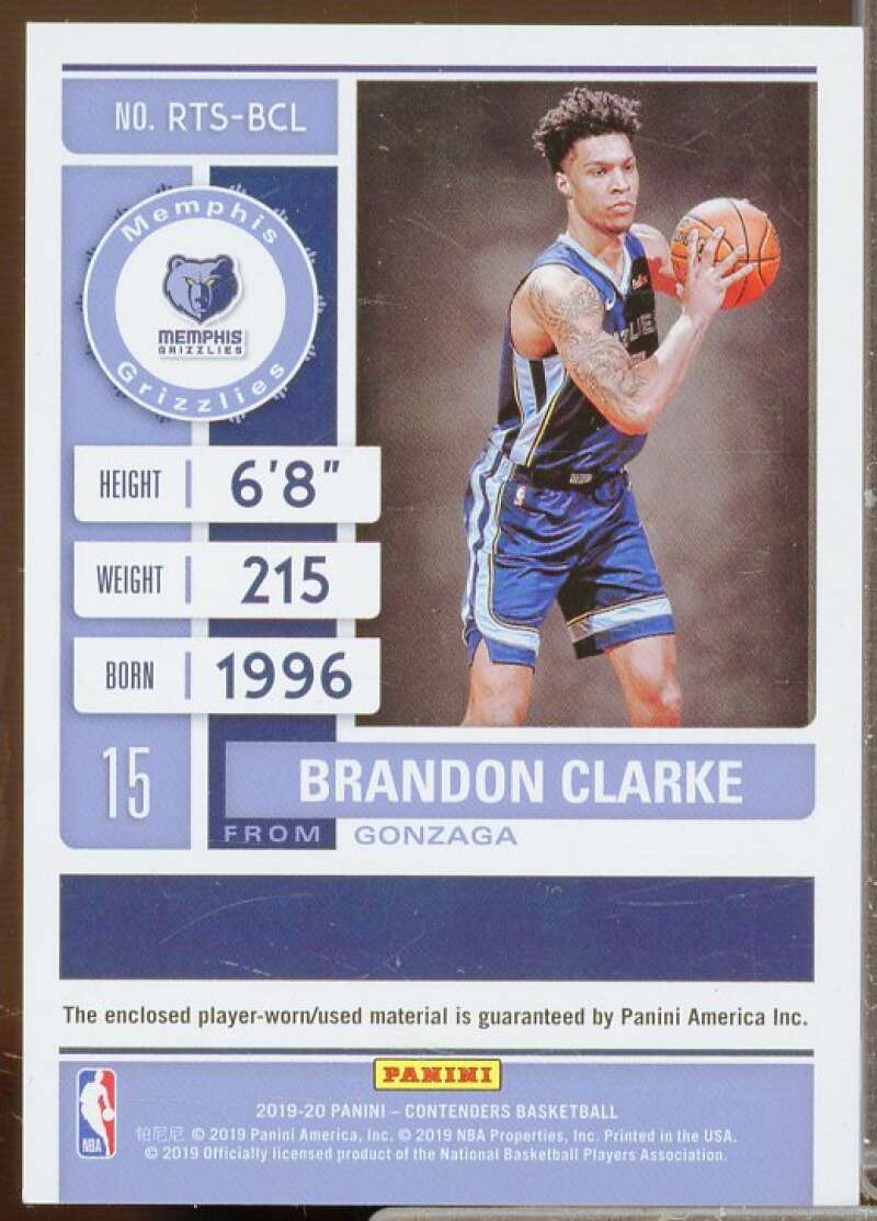 Brandon Clarke Rookie Card 2019-20 Panini Contenders Rookie Ticket Swatches #26  Image 2