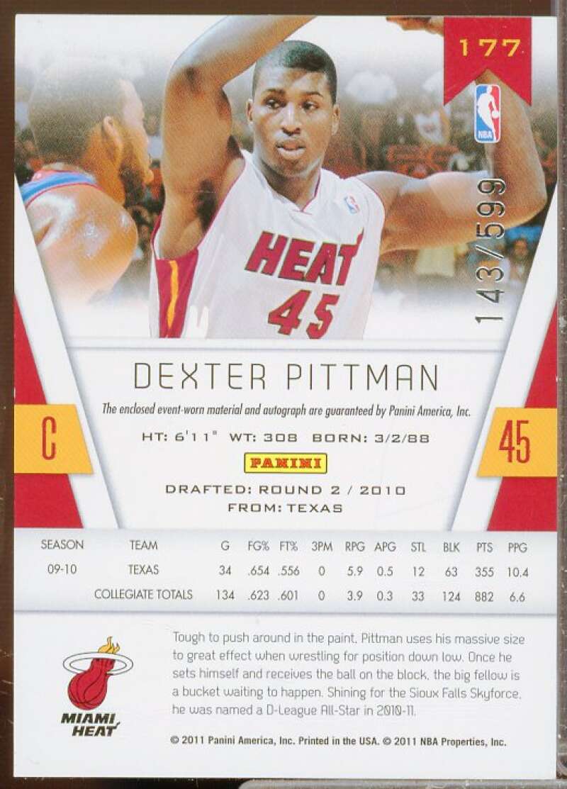 Dexter Pittman/599 JSY AU Rookie Card 2010-11 Totally Certified #177  Image 2