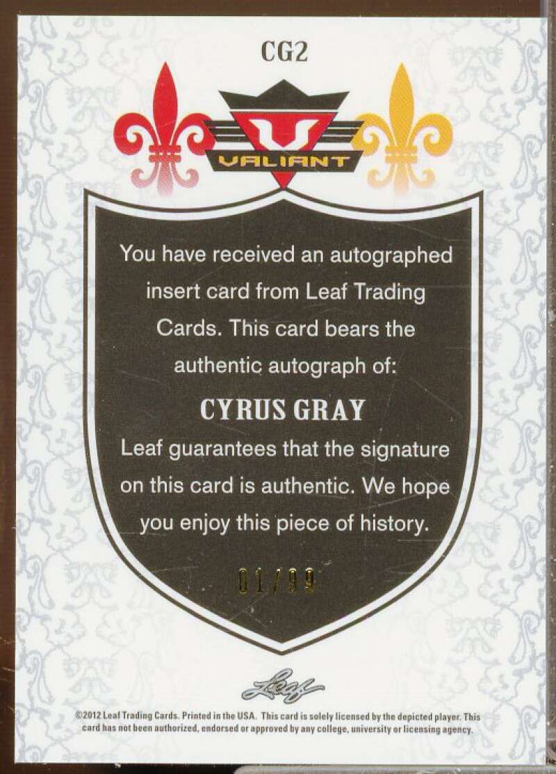 Cyrus Gray Rookie Card 2012 Leaf Valiant Draft Blue #CG2  Image 2