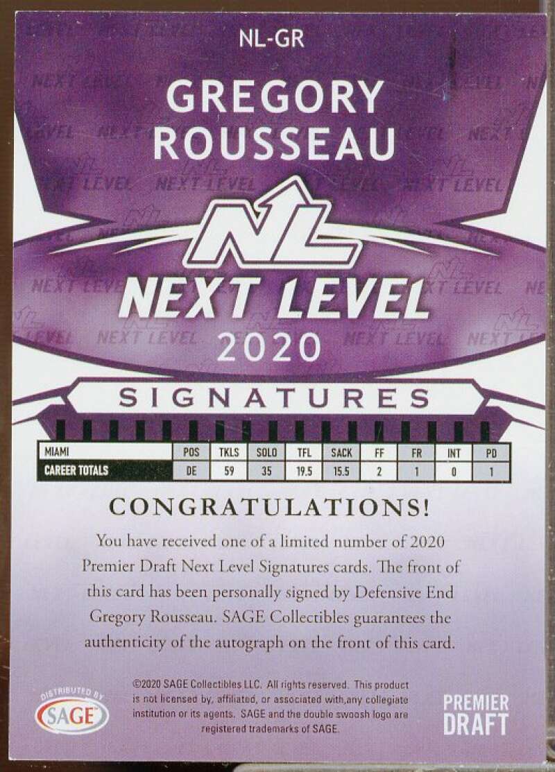 Gregory Rousseau Rookie Card 2021 SAGE HIT Next Level Autographs Silver #21NLGR  Image 2