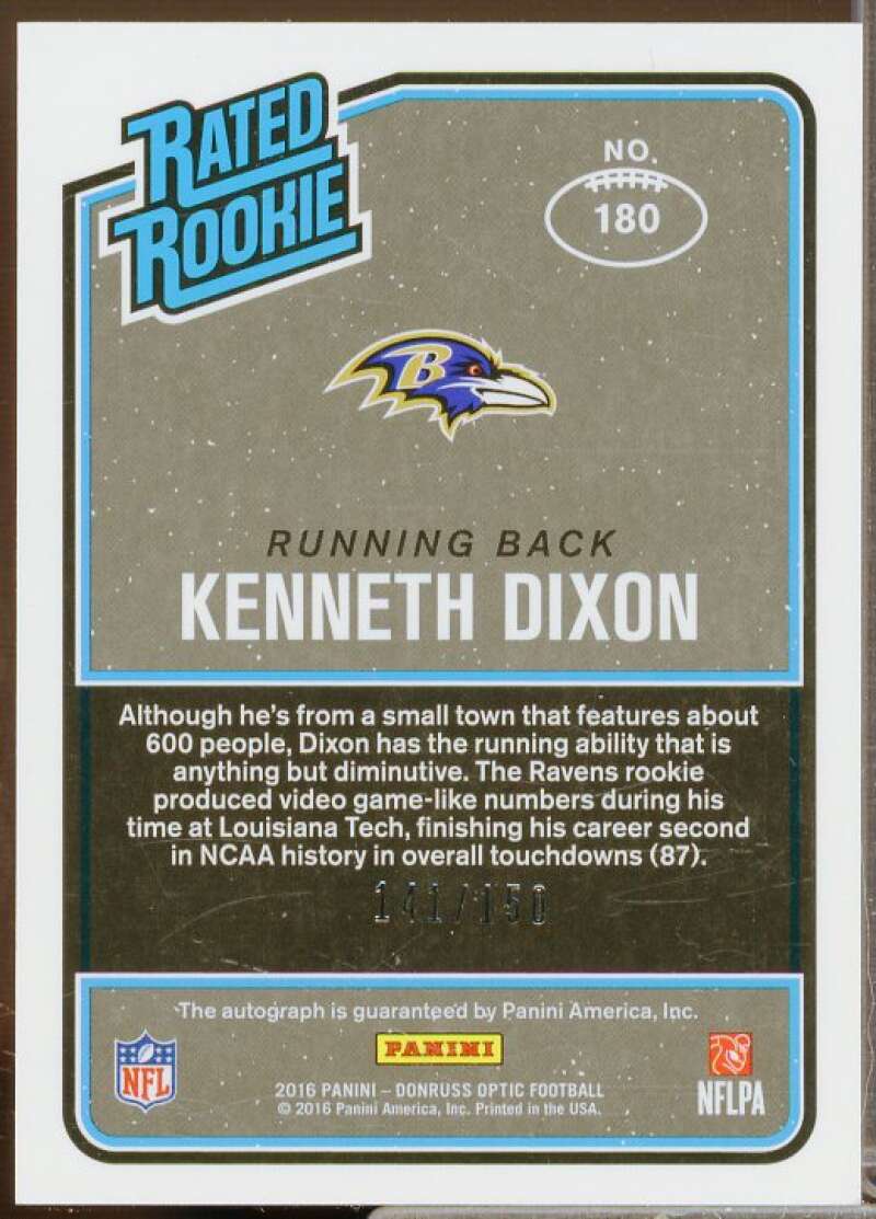 Kenneth Dixon Rookie Card 2016 Donruss Optic Rated Rookies Autographs #180  Image 2