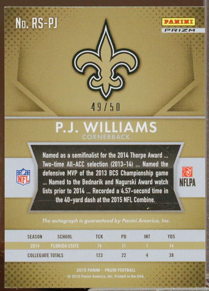 P.J. Williams/50 2015 Panini Prizm Rookie Autographs Prizms Violet Mosaic #RSPJ  Image 2